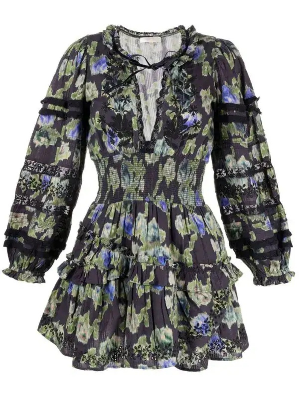 LoveShackFancy Clarkie Dress Floral Green Blue Black Ruffle Smocked Mini